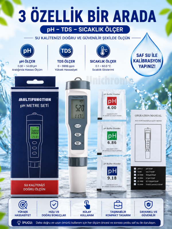 TDS 3 in 1 Ph Sıcaklık Tds Ölçer LED'li Sıcaklık Göstergeli Su Test Cihazı
