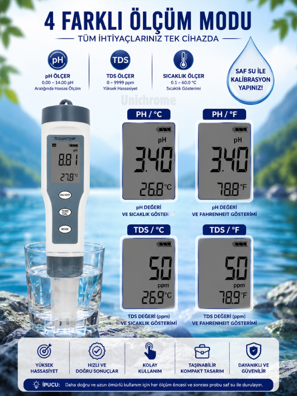 TDS 3 in 1 Ph Sıcaklık Tds Ölçer LED'li Sıcaklık Göstergeli Su Test Cihazı