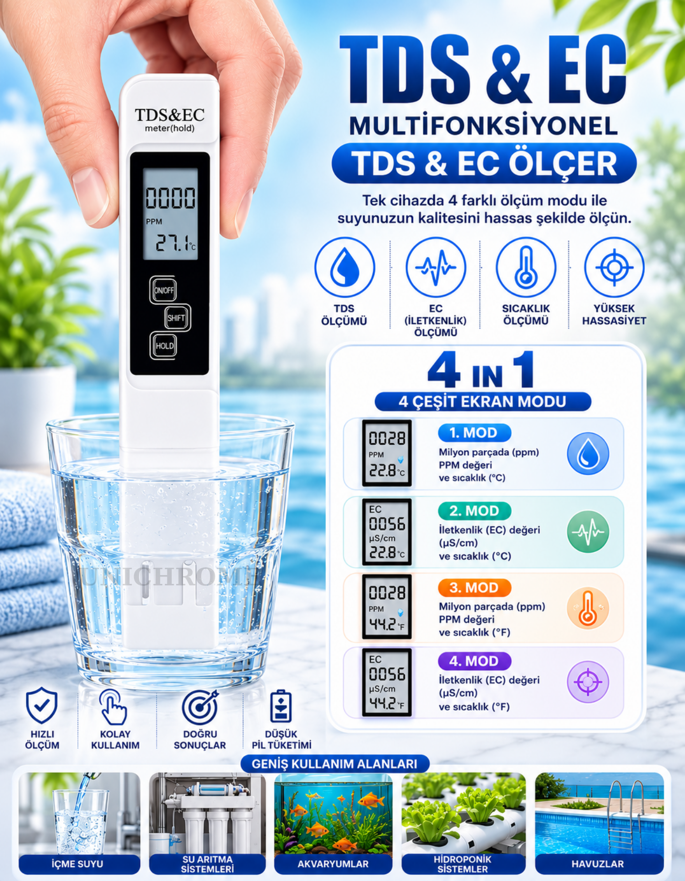 TDS & EC Metre Su Kalite İletkenlik Ölçme Termometre Su Test Cihazı