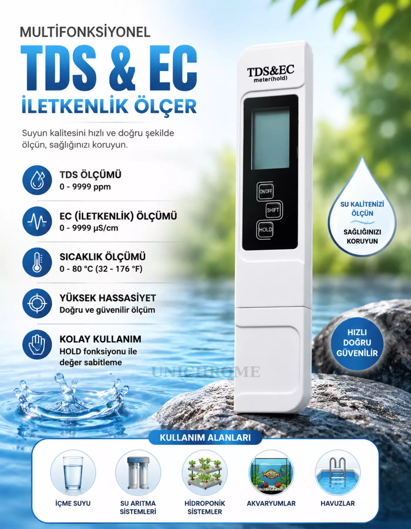 TDS & EC Metre Su Kalite İletkenlik Ölçme Termometre Su Test Cihazı
