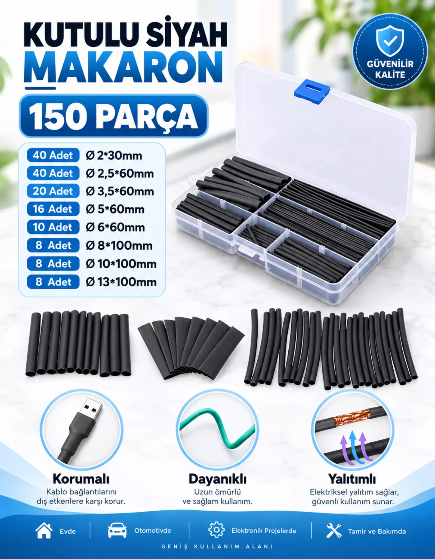 Tek Renk Isıyla Daralan Makaron Kablo Seti 150 Parça Kablo Tamir Kiti ve Düzenleyici
