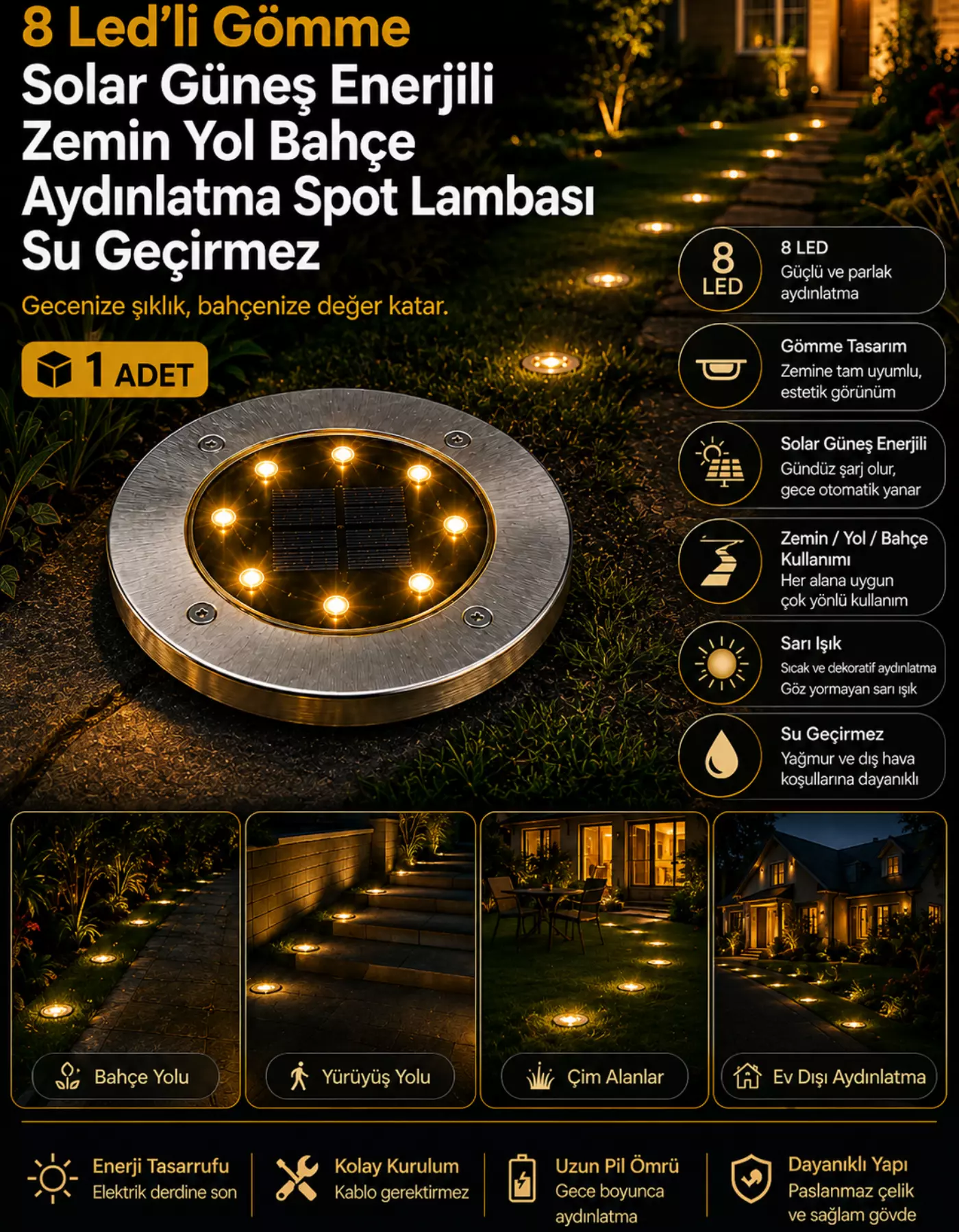 Tekli 8 Led'li Gömme Solar Güneş Enerjili Zemin Yol Bahçe Aydınlatma Spot Lambası Su Geçirmez