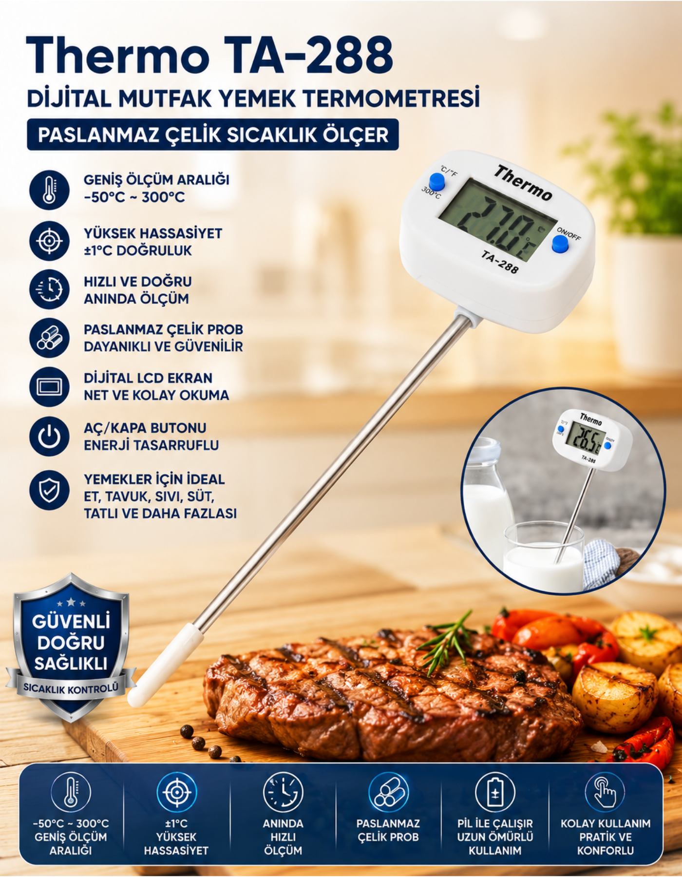Thermo TA-288 Oynar Başlıklı Dijital Mutfak Yemek Termometresi Paslanmaz Çelik Sıcaklık Ölçer