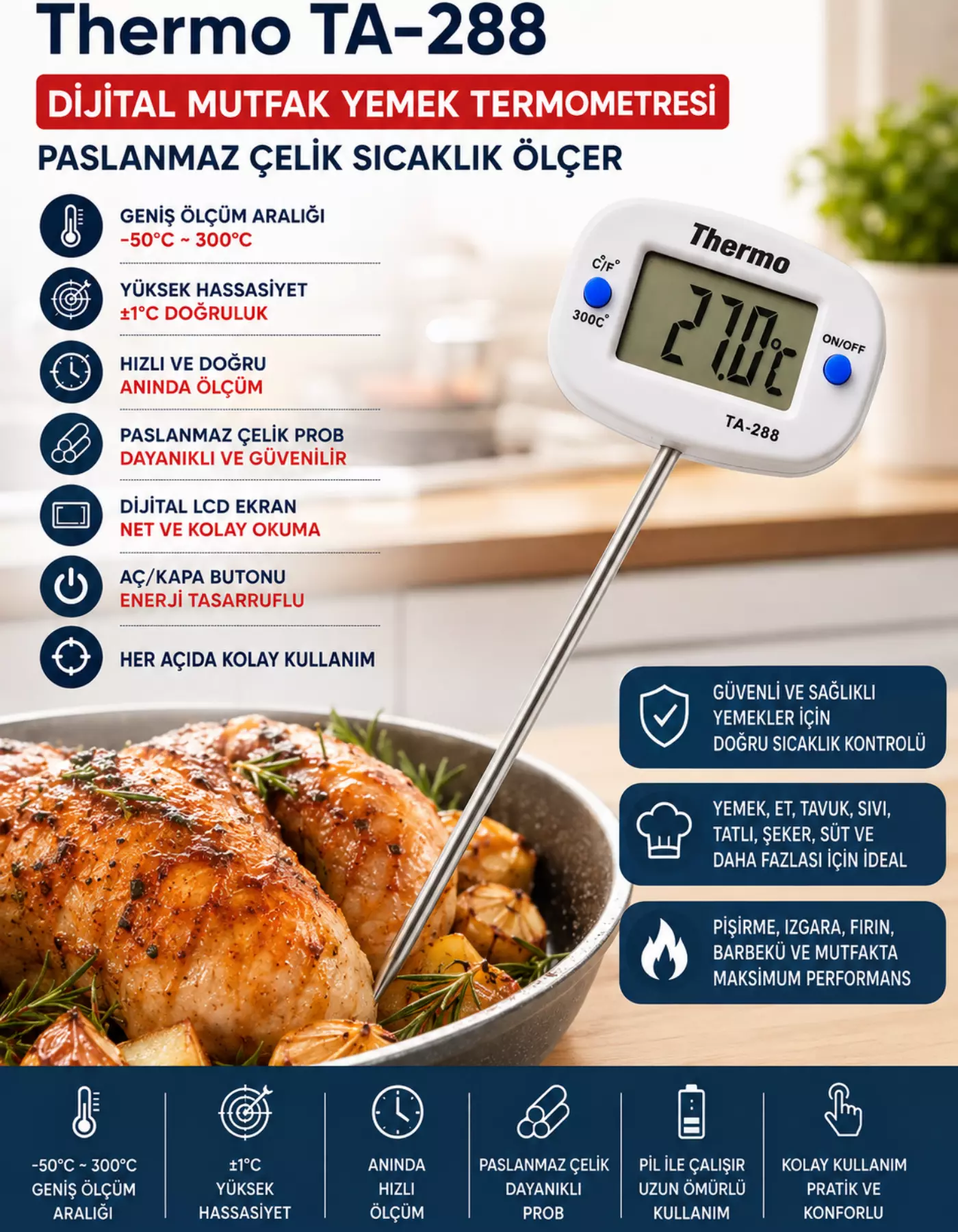Thermo TA-288 Oynar Başlıklı Dijital Mutfak Yemek Termometresi Paslanmaz Çelik Sıcaklık Ölçer