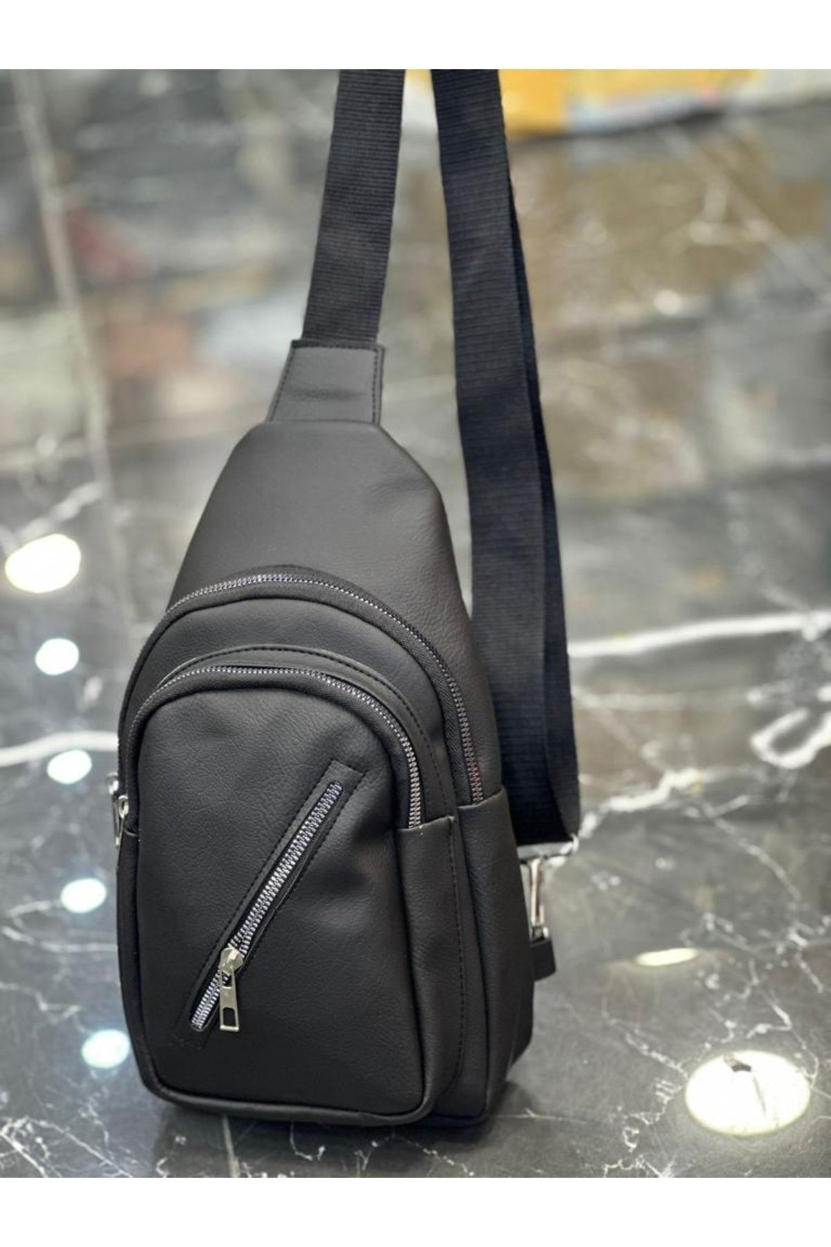 Unisex Suni Deri Üç Bölmeli Çapraz Omuz Çantası Bodybag 3962