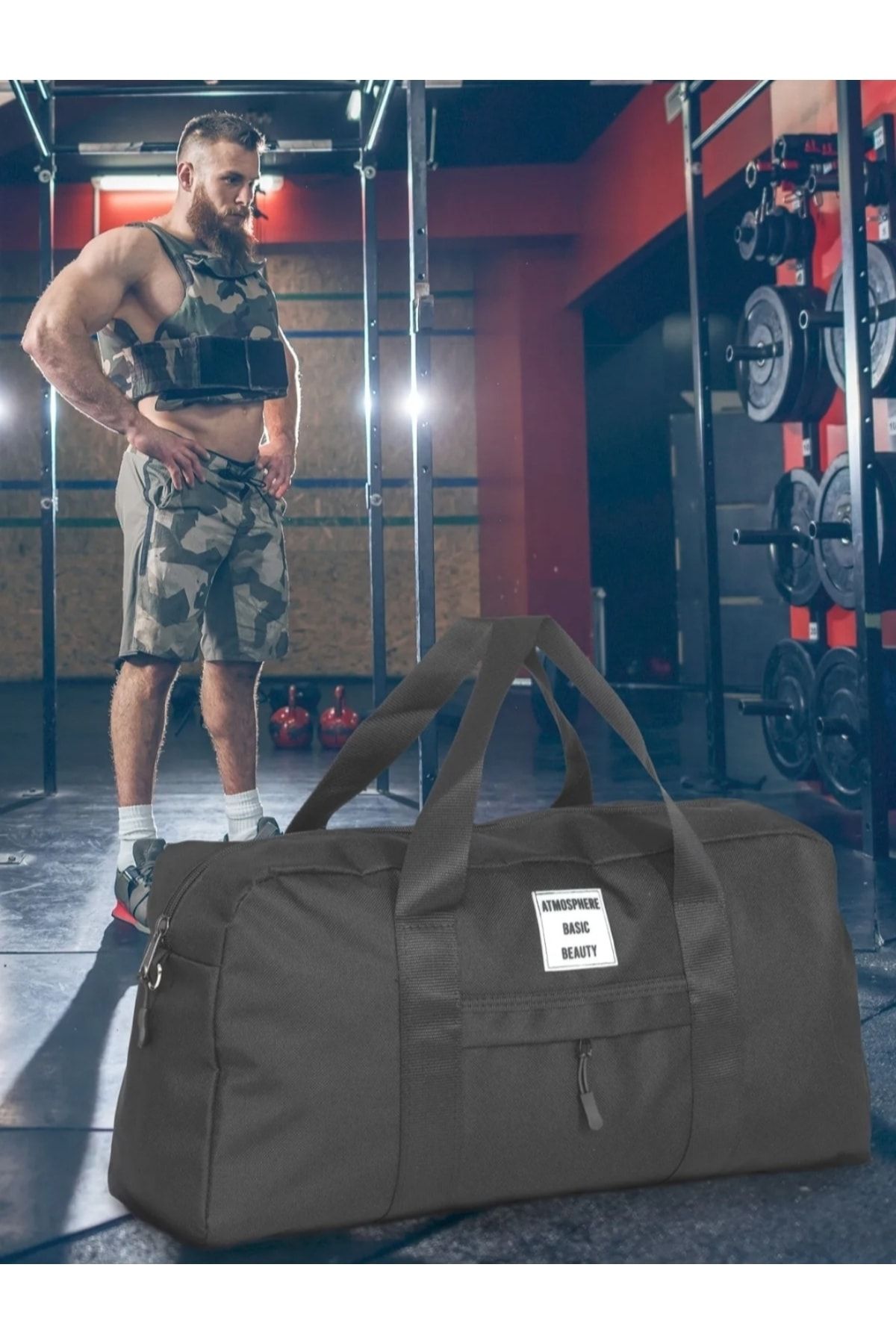Unisex Uzun Askılı Siyah Önü Cepli Seyahat Ve Spor Çantası