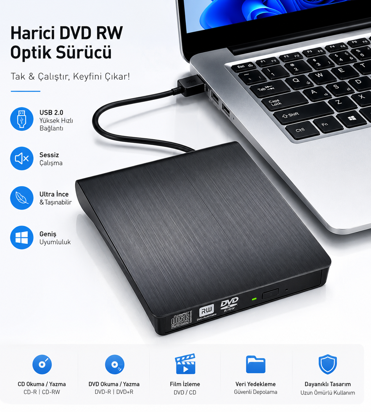 Platoon USB 3.0 Harici Optik Sürücü – Cd/dvd Okuyucu & Yazıcı (Windows / Mac Uyumlu)
