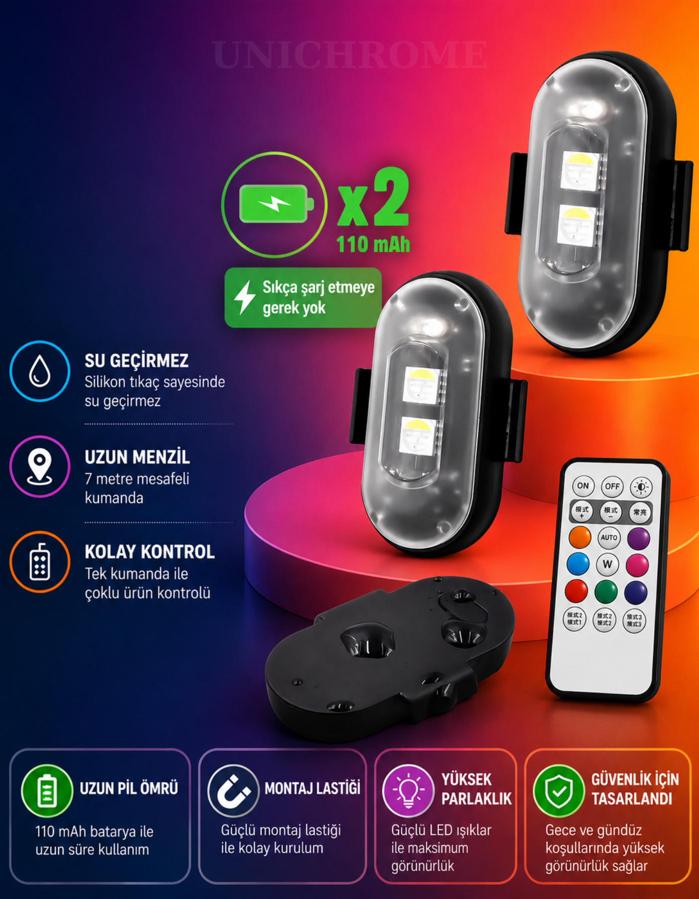 Uzaktan Kumandalı 2'li Çakar Led/Şarjlı Mini Led Işık/Drone Işığı/Anti Çarpışma Uyarı Işığı