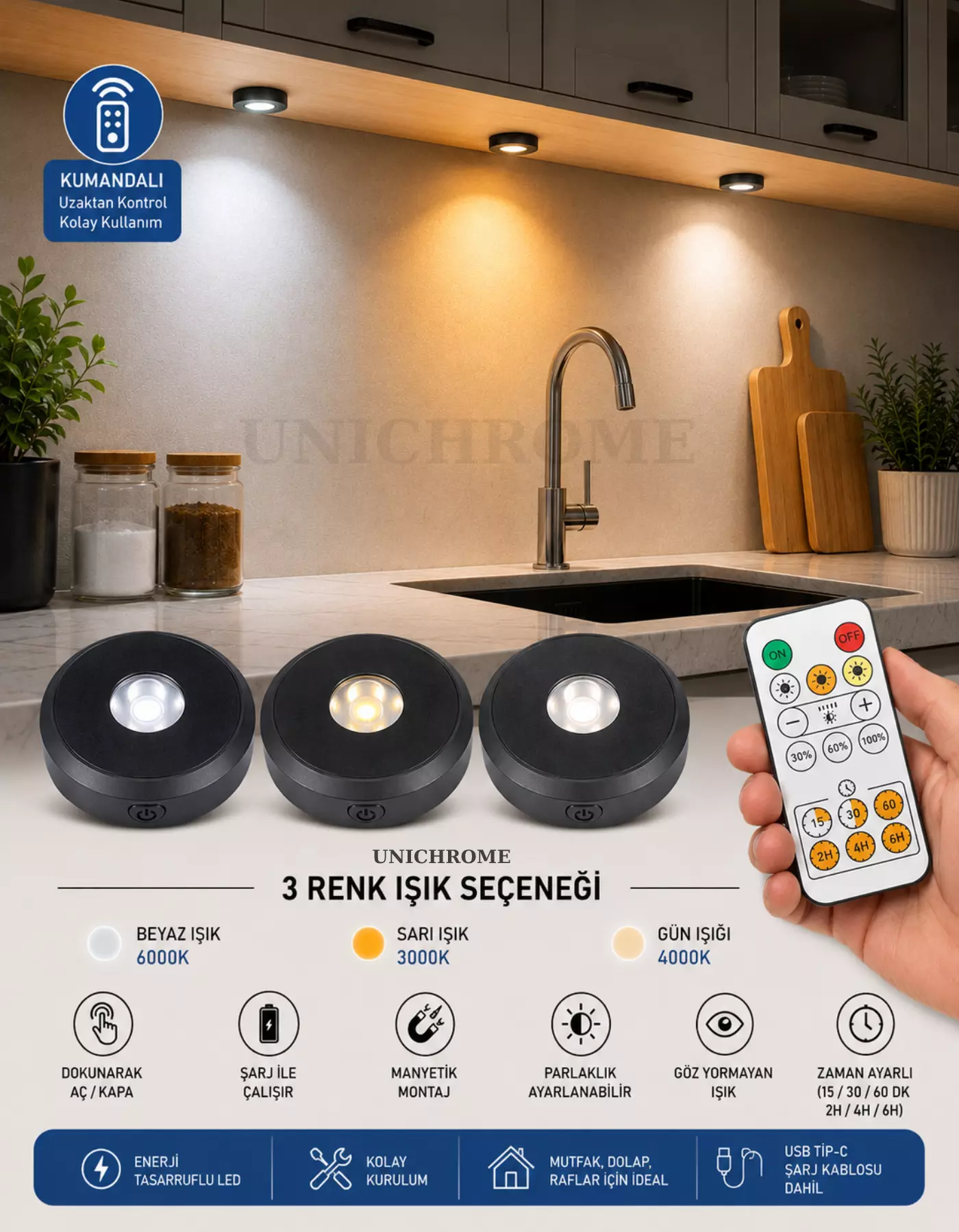 Uzaktan Kumandalı 3 Lü Spot Led Şarjlı Mıknatıslı Lamba 3 Işık Rengi Ayarlanabilir Işık Şiddeti