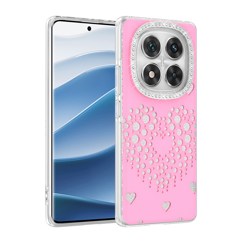 Xiaomi Redmi Note 14 Pro 4G Kılıf Damla Taşlı Kalp Desenli Rivas Sert PC Kapak