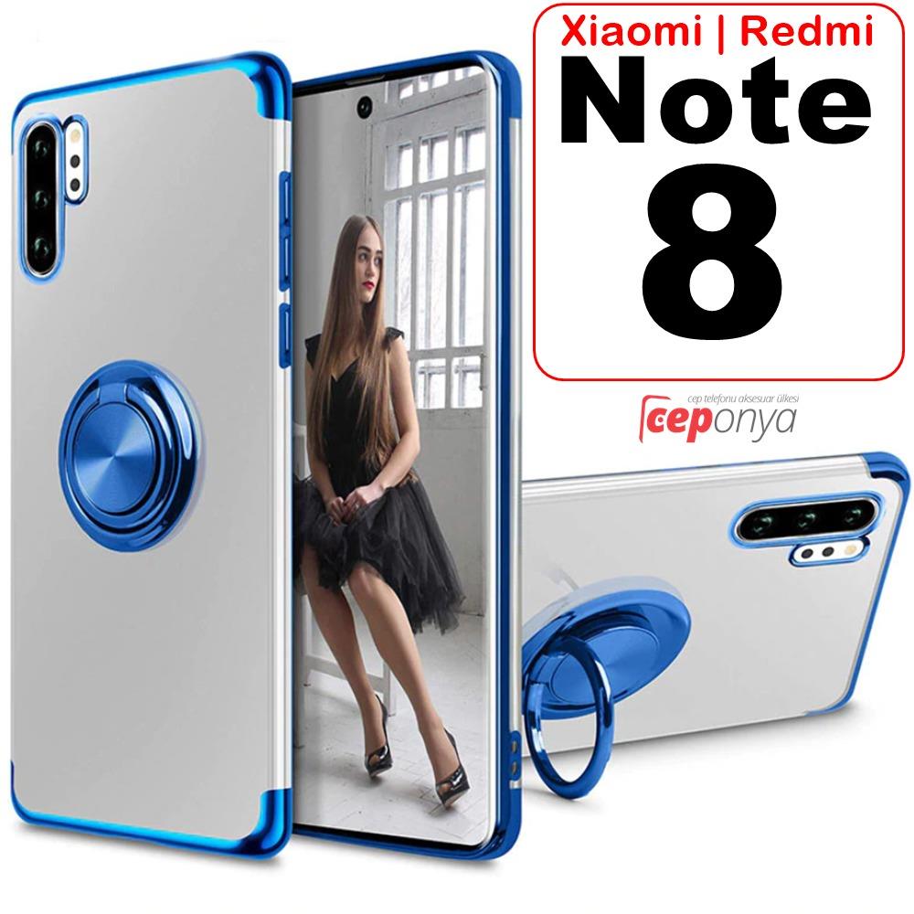 Xiaomi Redmi Note 8 Yüzüklü Standlı Köşeleri Renkli Şeffaf Kılıf