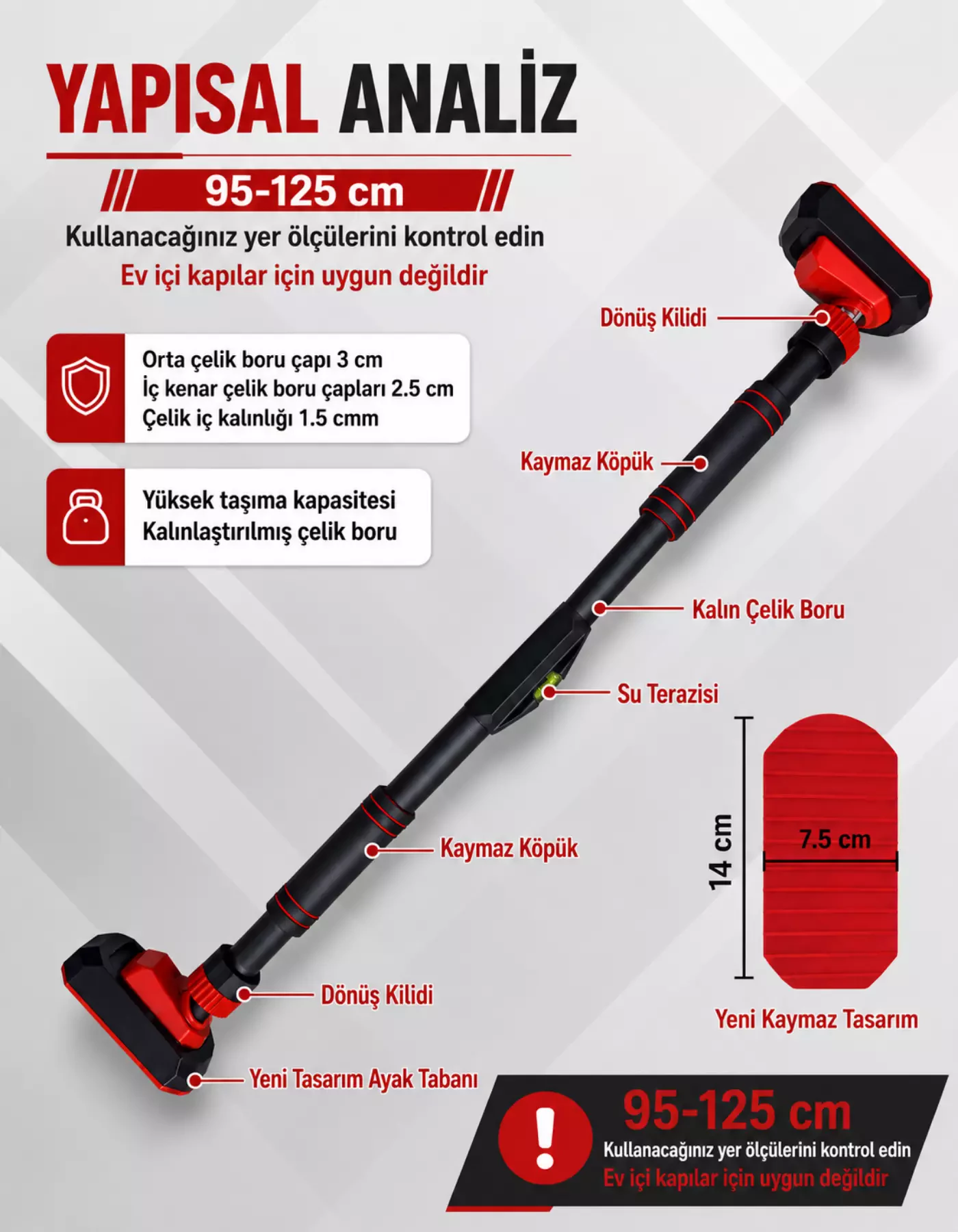 Yeni Nesil 95-125cm Koridor Barfiksi Barfix Aleti Çubuğu Çekme Barı Demiri Bar