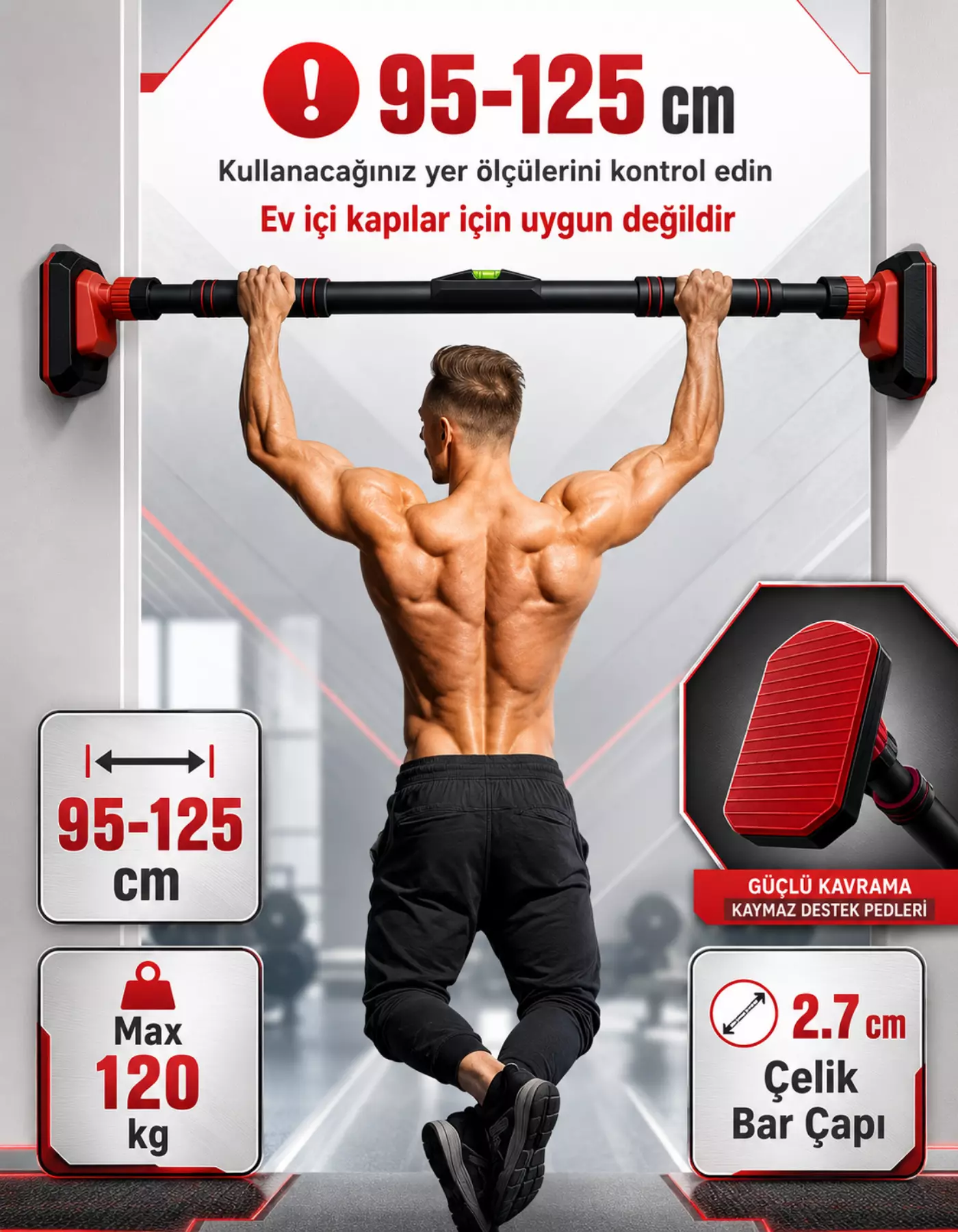 Yeni Nesil 95-125cm Koridor Barfiksi Barfix Aleti Çubuğu Çekme Barı Demiri Bar