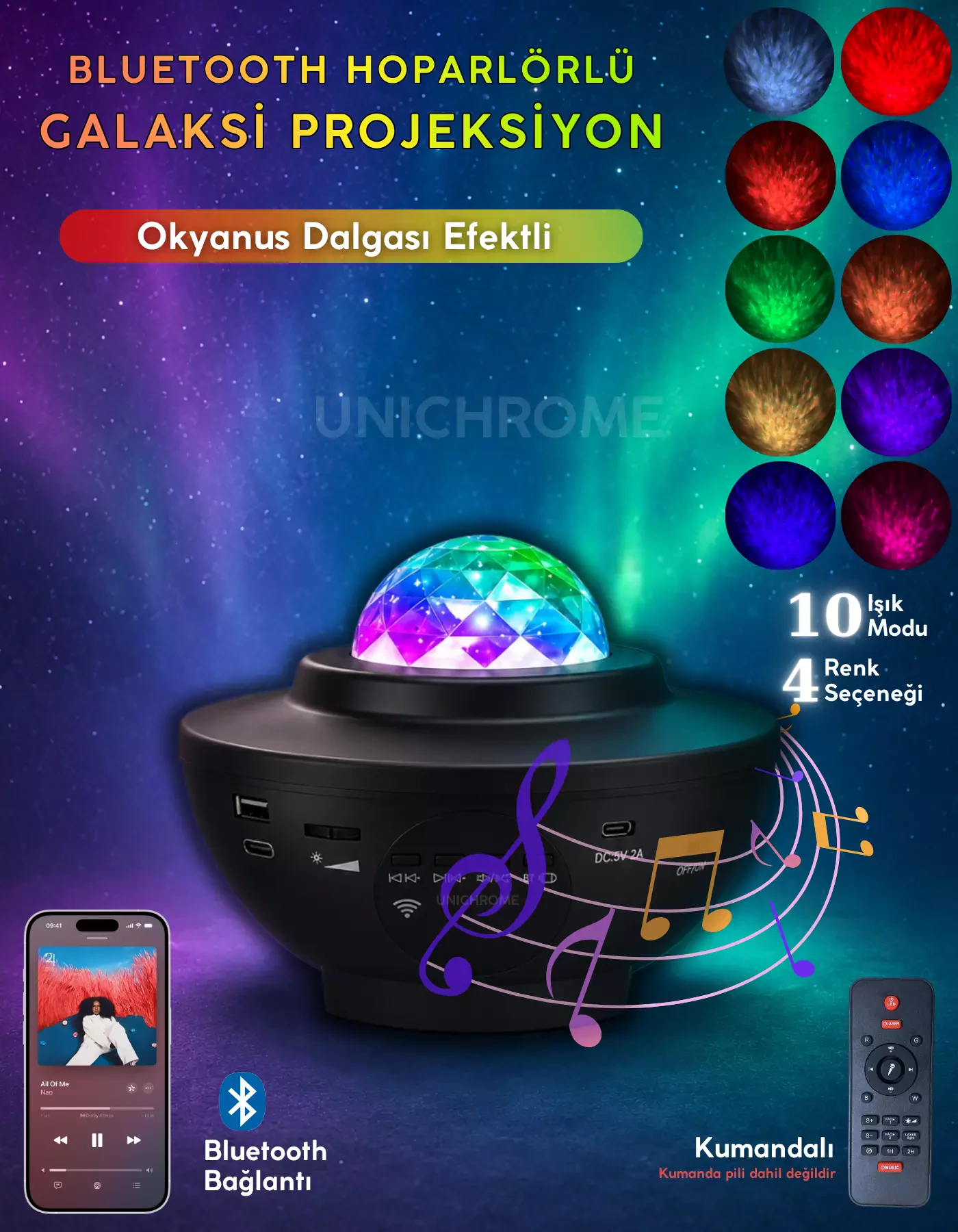 Yıldızlı Projektör Tavan Bulutsu Galaxy Lazer Işıklı Disko Topu Bluetooth Hoparlör Parti Led Lambası