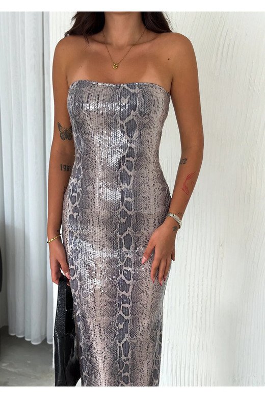 Serpentine Elegance Pul Payet Yılan Desen Elbise