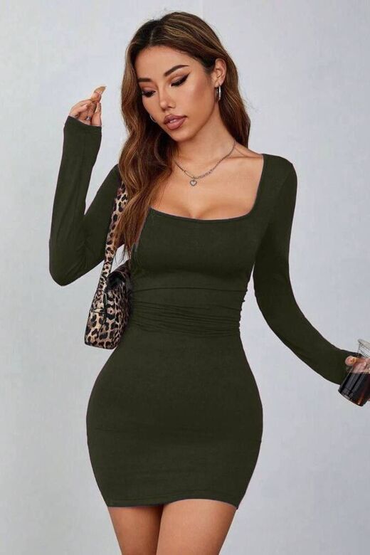 Kare Yaka Uzun Kollu Likralı Mini Elbise