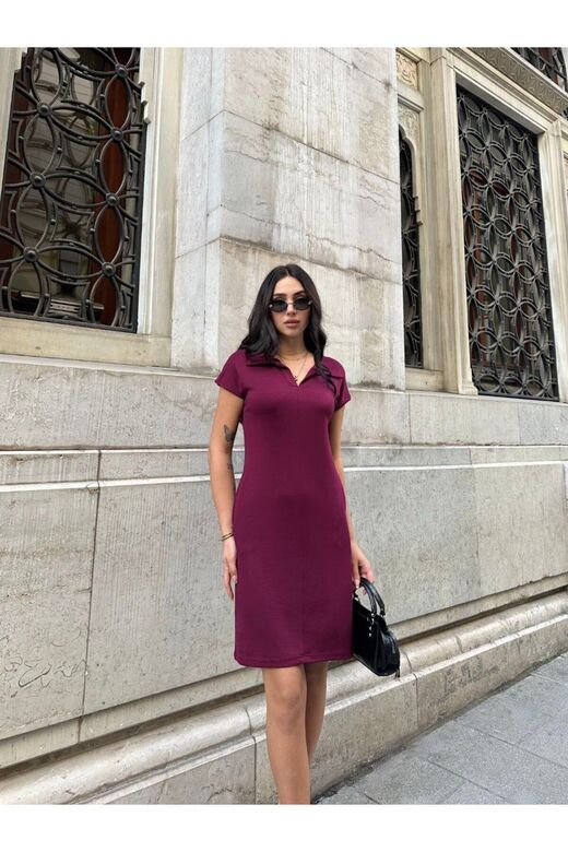 Polo Yaka Cepli Önü Çımalı Bordo Elbise