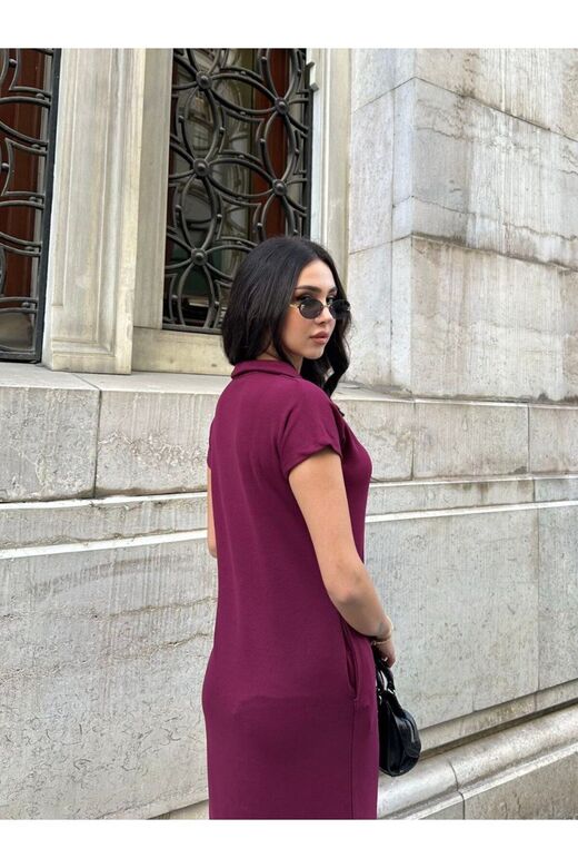 Polo Yaka Cepli Önü Çımalı Bordo Elbise