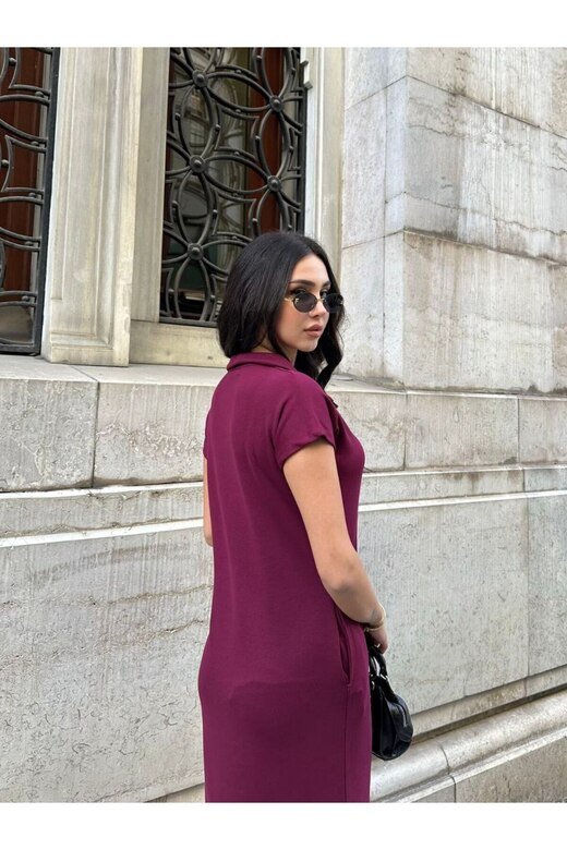 Polo Yaka Cepli Önü Çımalı Bordo Elbise