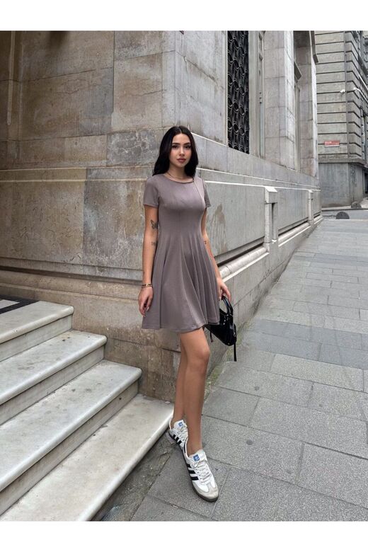 Modal Kumaş Volanlı Bej Elbise