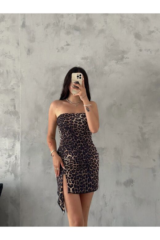Kadın Leopar Desenli Straplez Yırtmaçlı Mini Elbise