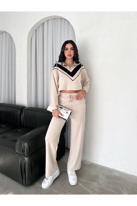 GARNİLİ BİYELİ KAPÜŞONLU FERMUARLI STOPERLİ GENİŞ PAÇA MODAL EŞOFMAN TAKIM
