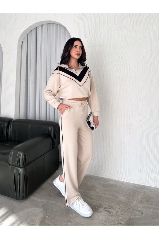 GARNİLİ BİYELİ KAPÜŞONLU FERMUARLI STOPERLİ GENİŞ PAÇA MODAL EŞOFMAN TAKIM