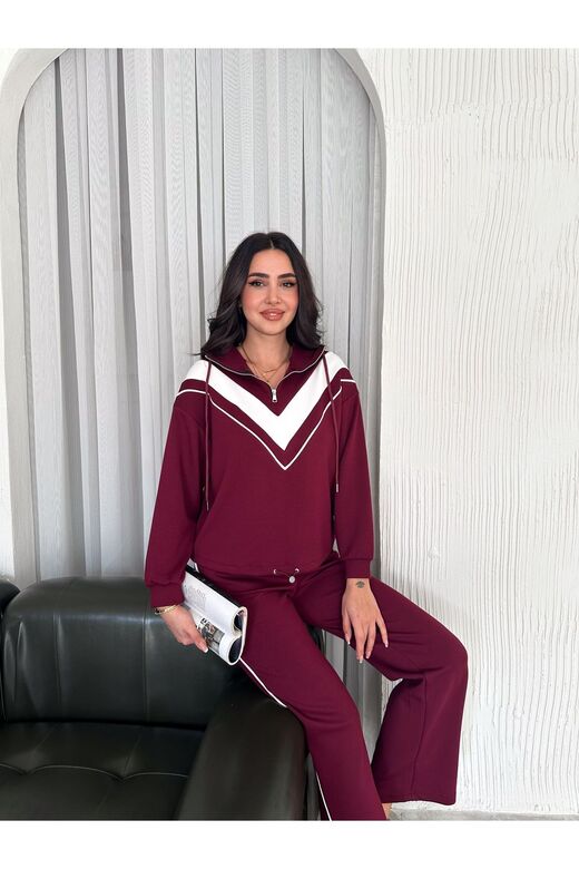 Garnili Biyeli Kapüşonlu Fermuarlı Stoperli Geniş Paça Modal Eşofman Takım