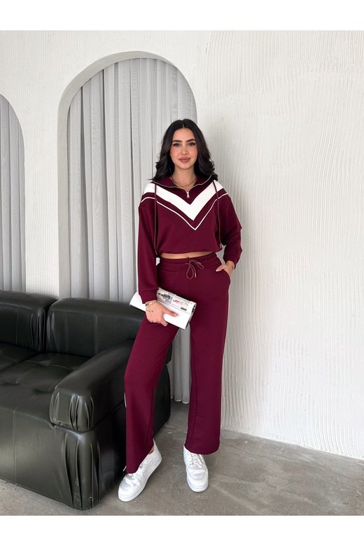 GARNİLİ BİYELİ KAPÜŞONLU FERMUARLI STOPERLİ GENİŞ PAÇA MODAL EŞOFMAN TAKIM