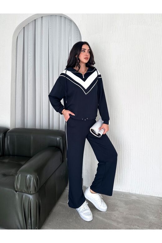 Garnili Biyeli Kapüşonlu Fermuarlı Stoperli Geniş Paça Modal Eşofman Takım