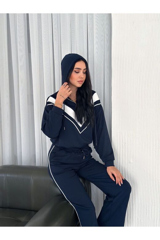 Garnili Biyeli Kapüşonlu Fermuarlı Stoperli Geniş Paça Modal Eşofman Takım