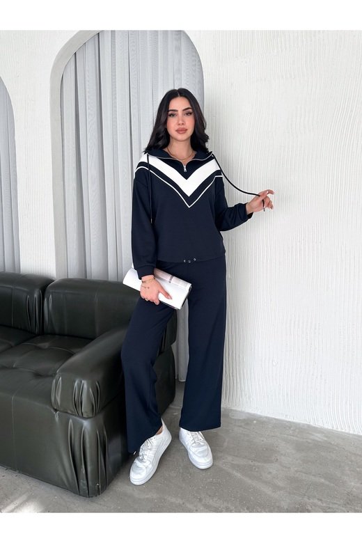 GARNİLİ BİYELİ KAPÜŞONLU FERMUARLI STOPERLİ GENİŞ PAÇA MODAL EŞOFMAN TAKIM