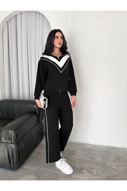 GARNİLİ BİYELİ KAPÜŞONLU FERMUARLI STOPERLİ GENİŞ PAÇA MODAL EŞOFMAN TAKIM