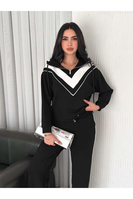 GARNİLİ BİYELİ KAPÜŞONLU FERMUARLI STOPERLİ GENİŞ PAÇA MODAL EŞOFMAN TAKIM