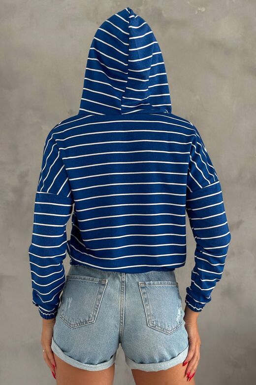 Kadın Kapüşonlu Yarım Fermuar İnce Çizgili Sweatshirt