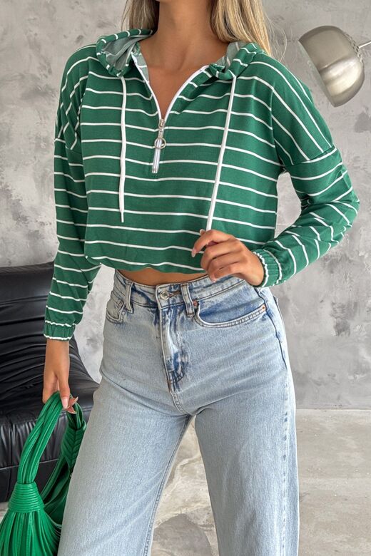 Kadın Kapüşonlu Yarım Fermuar İnce Çizgili Sweatshirt