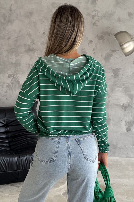 Kadın Kapüşonlu Yarım Fermuar İnce Çizgili Sweatshirt