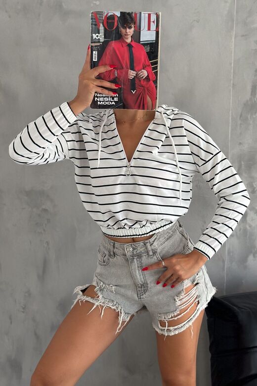 Kadın Kapüşonlu Yarım Fermuar İnce Çizgili Sweatshirt