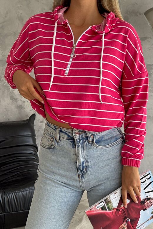 Kadın Kapüşonlu Yarım Fermuar İnce Çizgili Sweatshirt