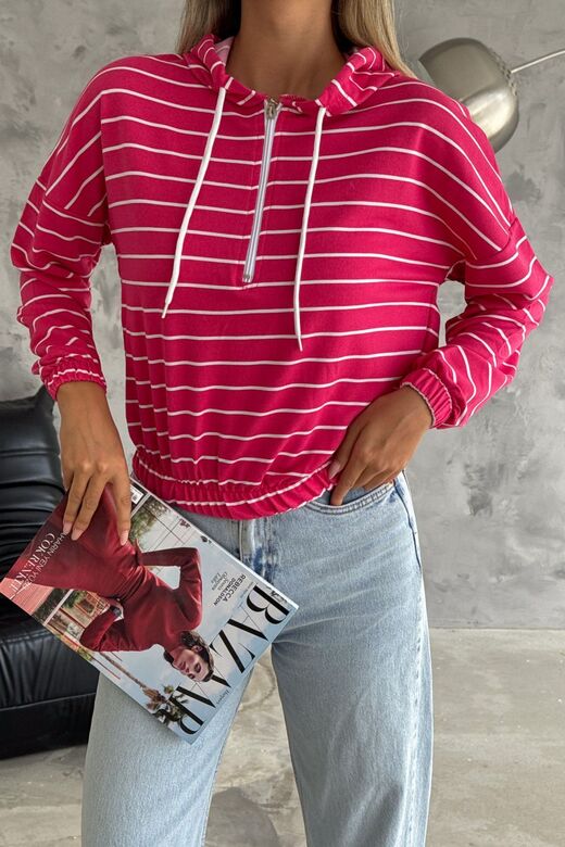 Kadın Kapüşonlu Yarım Fermuar İnce Çizgili Sweatshirt