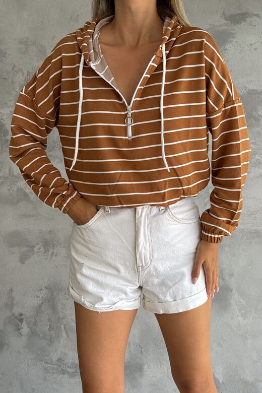 Kadın Kapüşonlu Yarım Fermuar İnce Çizgili Sweatshirt