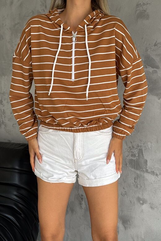 Kadın Kapüşonlu Yarım Fermuar İnce Çizgili Sweatshirt