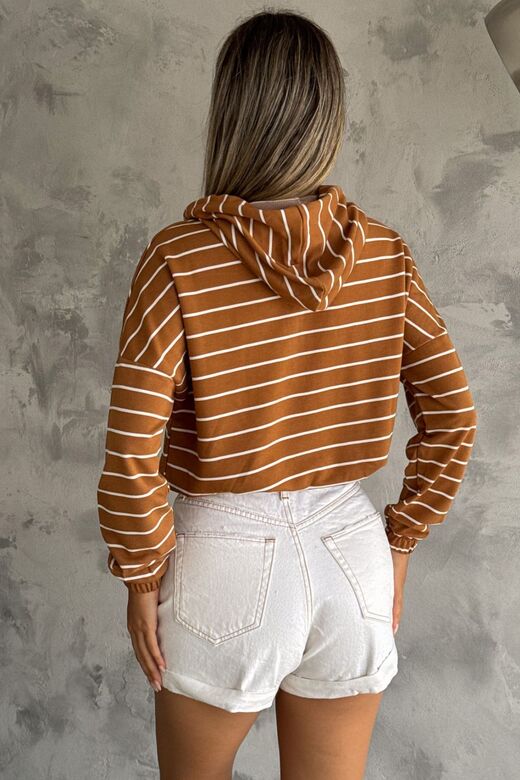 Kadın Kapüşonlu Yarım Fermuar İnce Çizgili Sweatshirt
