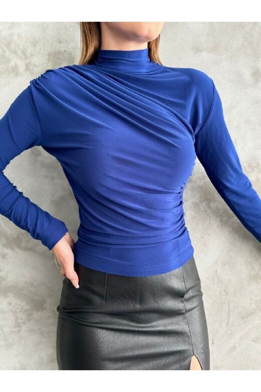 Omuz Ve Beli Büzgülü Dik Yaka Sandy Kumaş Bluz