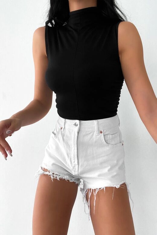 Kadın Dik Yaka Büzgü Detaylı Crop Bluz