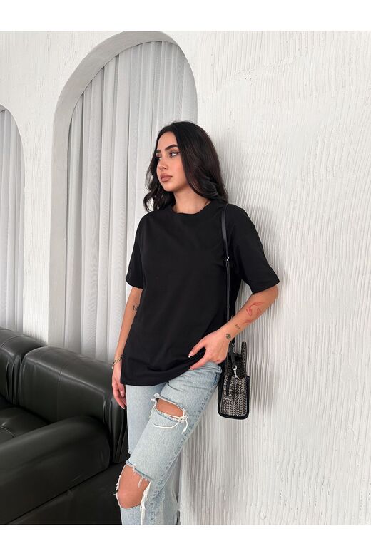 Oversize Bisiklet Yaka Basıc Sade T-Shirt