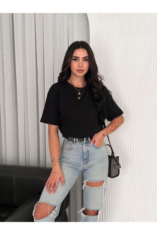 Oversize Bisiklet Yaka Basıc Sade T-Shirt