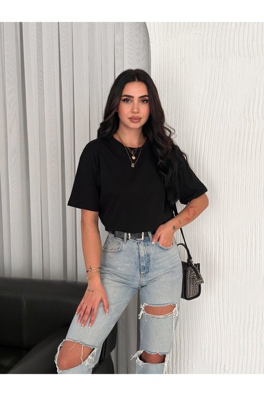 OVERSİZE BİSİKLET YAKA BASIC SADE T-SHİRT