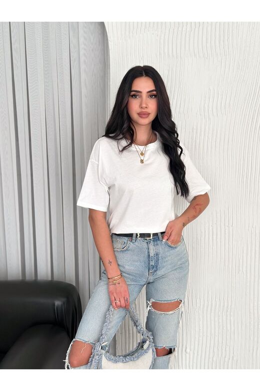 Oversize Bisiklet Yaka Basıc Sade T-Shirt