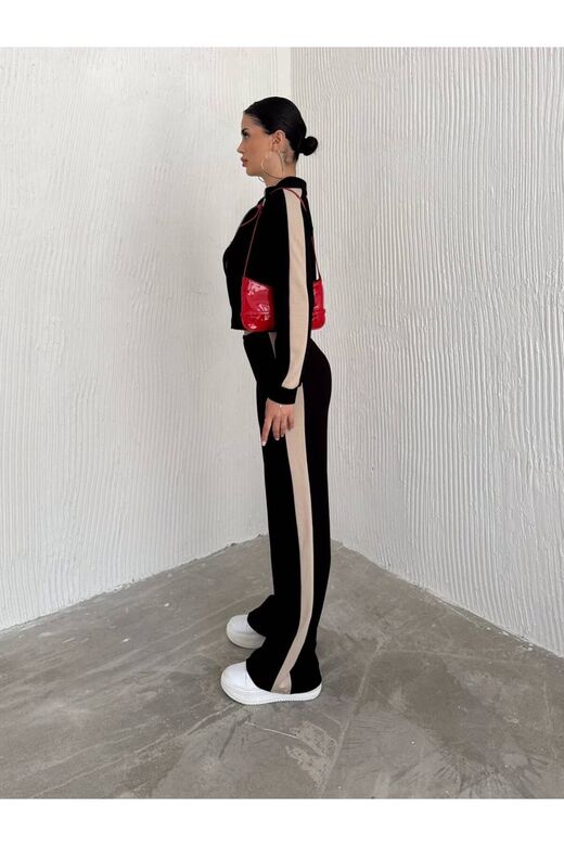 Şerit Detaylı Fermuarlı Modal Kumaş Eşofman Takım